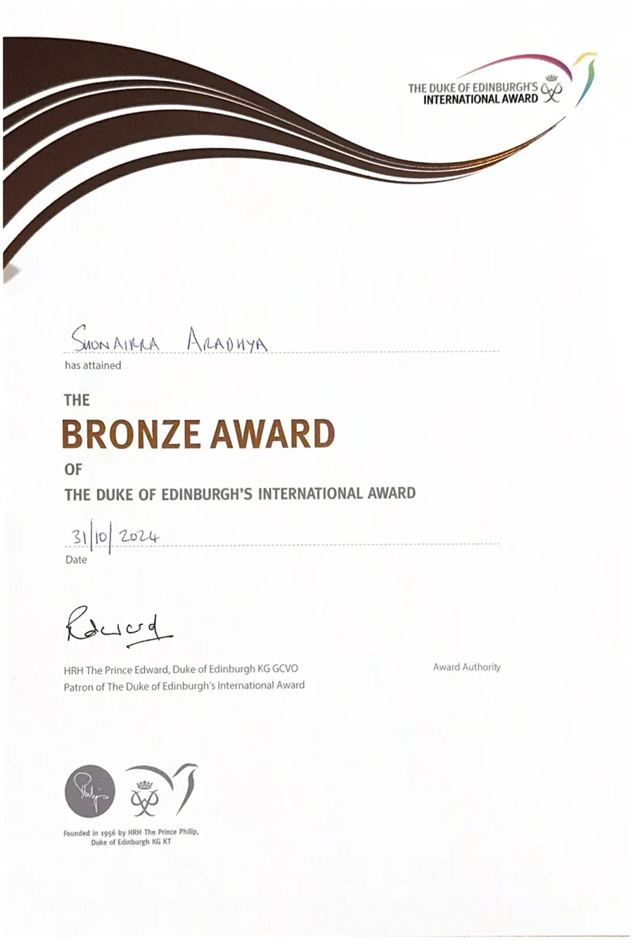 Duke of Edinburgh&rsquo;s International Award Bronze certificate, dated 31 October 2024.