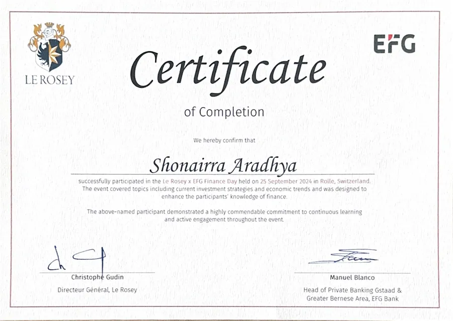 Le Rosey and EFG Finance Day certificate of completion, 25 September 2024, Rolle, Switzerland.